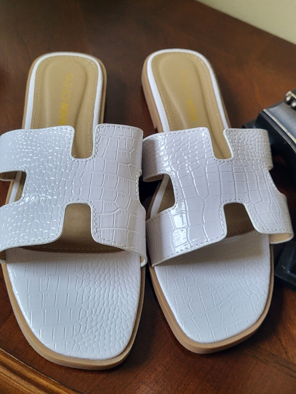 White Croc-Embossed H-Strap Slide Sandals